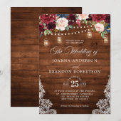 Invitation Bois rustique Bourgogne Floral Mason Jar Mariage I (Devant / Derrière)