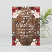 Invitation Bois Rustique Bourgogne Florale Surprise 40e anniv (Debout devant)