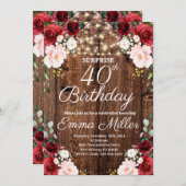 Invitation Bois Rustique Bourgogne Florale Surprise 40e anniv (Devant / Derrière)