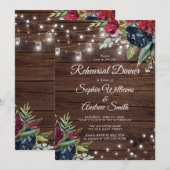 Invitation Bois rustique Bourgogne Lumières Florales Diner (Devant / Derrière)