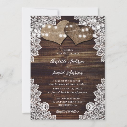 Invitation Bois rustique Burlap et dentelle mariage Invitatio (Devant)