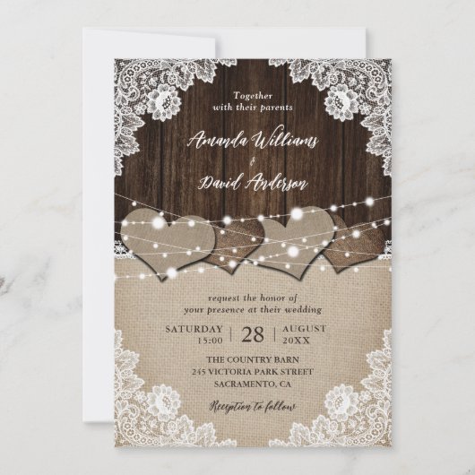 Invitation Bois rustique Burlap et dentelle mariage Invitatio (Devant)