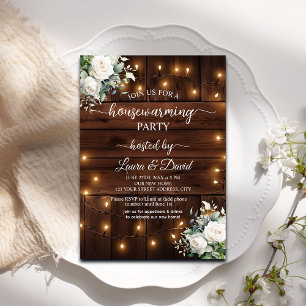 Invitation Bois Rustique Chaîne Lumières Fête de réchauffemen