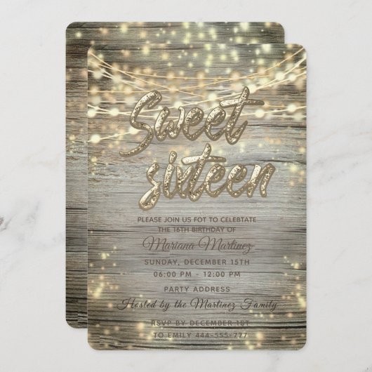 Invitation Bois rustique Chaîne lumières or brillant (Devant / Derrière)