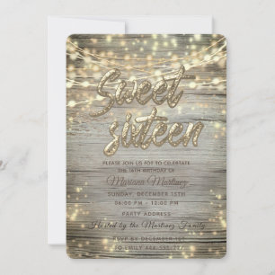Invitation Bois rustique Chaîne lumières or brillant