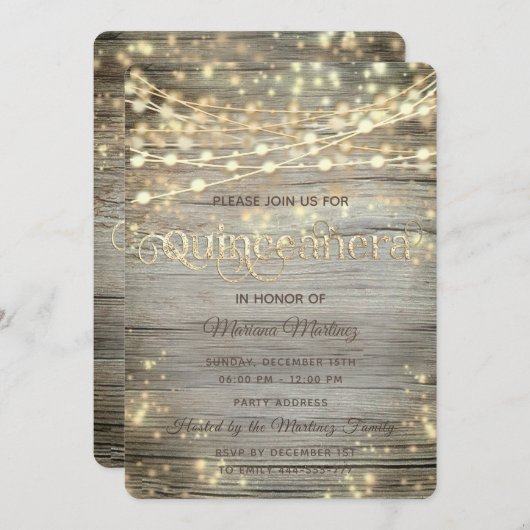 Invitation Bois rustique Chaîne lumières or brillant (Devant / Derrière)