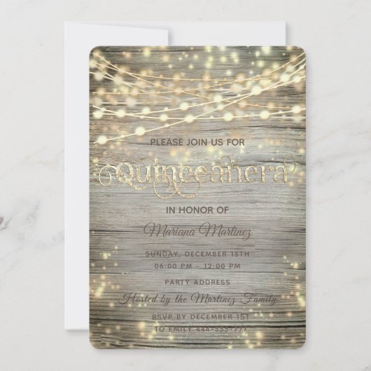 Invitation Bois rustique Chaîne lumières or brillant (Devant)