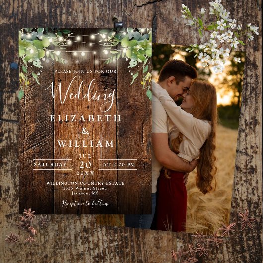 Invitation Bois rustique Chaîne Lumières Verdure Mariage phot
