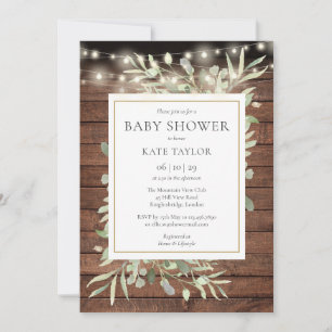 Invitation Bois rustique Chaîne Lumineuses Baby shower verdoy
