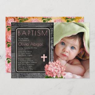 Invitation Bois rustique Chalkboard Floral Photo Baptême