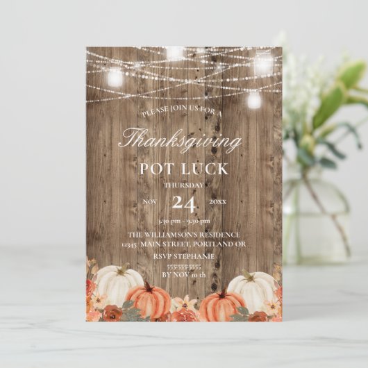 Invitation Bois rustique Citrouille & Floral Thanksgiving Pot (Debout devant)
