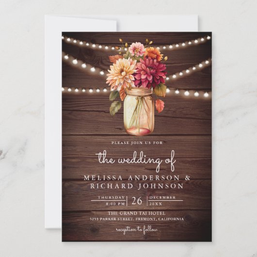 Invitation Bois rustique Dahlia Mason Jar QR Code Mariage (Devant)