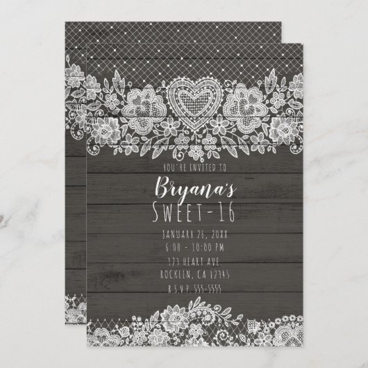 Invitation Bois rustique & dentelle blanche Douce 16 Annivers (Devant / Derrière)