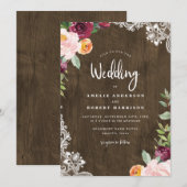 Invitation Bois rustique & dentelle Bourgogne Blush FlorMaria (Devant / Derrière)