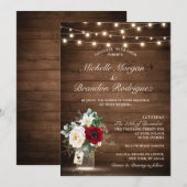 Invitation Bois rustique éclaire le Mariage Floral Bourgogne (Devant / Derrière)