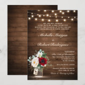 Invitation Bois rustique éclaire le Mariage Floral Bourgogne (Devant / Derrière)