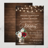 Invitation Bois rustique éclaire le Mariage Floral Bourgogne (Devant / Derrière)