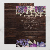 Invitation Bois rustique éclaire violet floral nuptiale (Devant / Derrière)