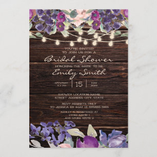 Invitation Bois rustique éclaire violet floral nuptiale