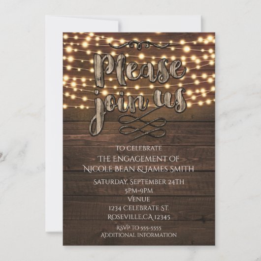 Invitation Bois rustique Élégant Éclairage à cordes Invitatio (Devant)