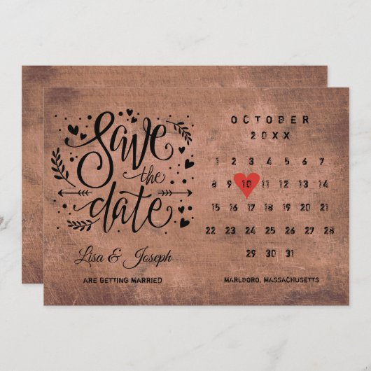 Invitation Bois rustique Enregistrer la date Calendrier Coeur (Devant / Derrière)
