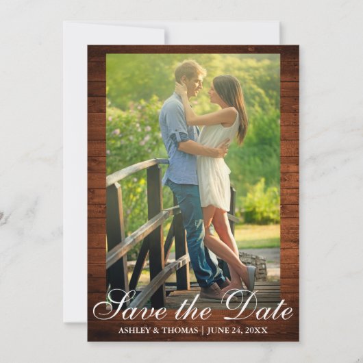 Invitation Bois rustique Enregistrer la date Fiançailles Phot (Devant)