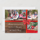 Invitation Bois rustique et bow rouge de Noël| 3 Photos (Devant)