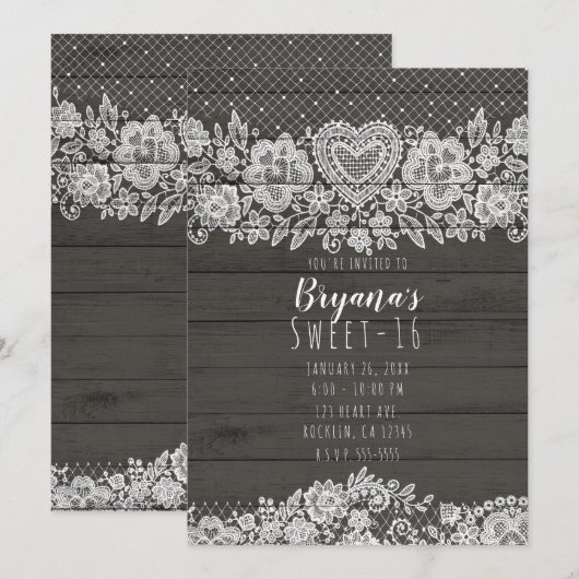 Invitation Bois Rustique et Dentelle Blanche Douce 16e Annive (Devant / Derrière)