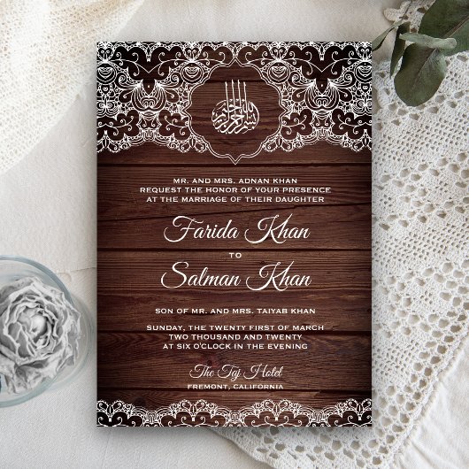 Invitation Bois rustique et dentelle blanche Mariage musulman
