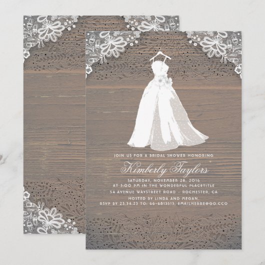 Invitation Bois rustique et dentelle | Fête des mariées maria (Devant / Derrière)