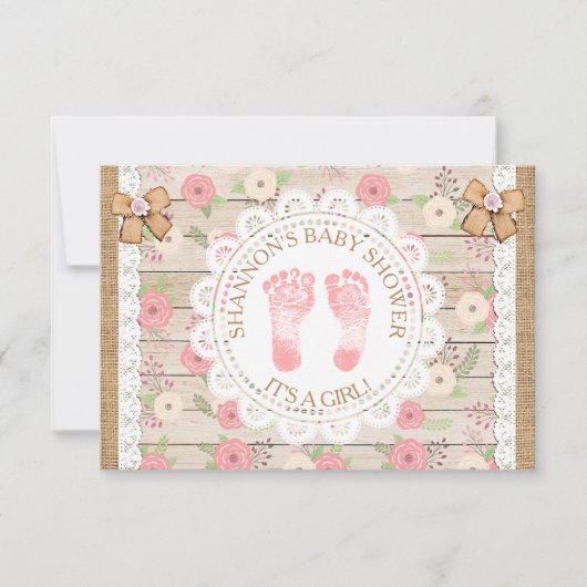 Invitation Bois rustique et fleurs Baby shower rose et bronzé (Devant)