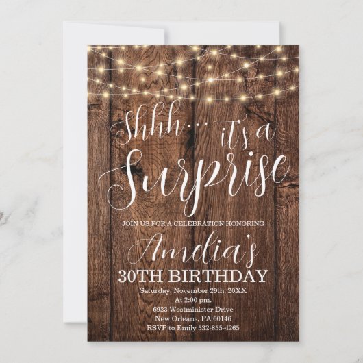 Invitation Bois rustique et String Lumière Surprise Anniversa (Devant)