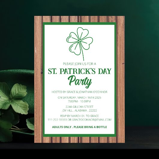 Invitation Bois rustique et trèfle Party de la Saint-Patrick