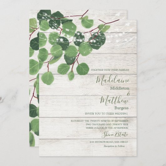 Invitation Bois Rustique Eucalyptus Feuille Simple Mariage (Devant / Derrière)
