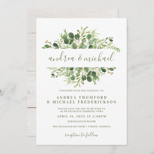 Invitation Bois rustique & Eucalyptus Mariage de verdure (Devant / Derrière)