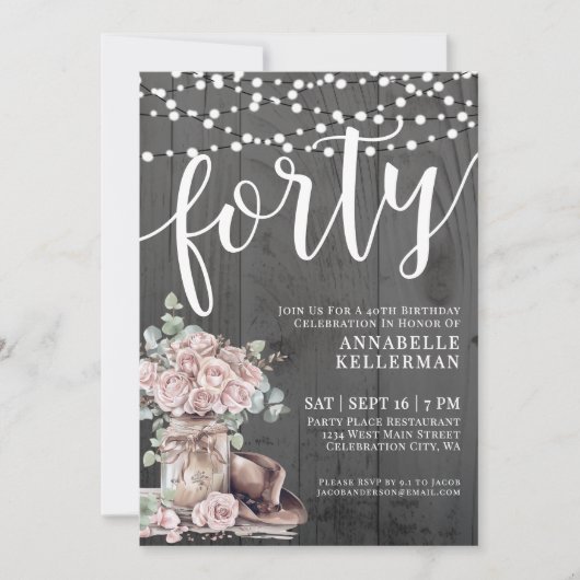 Invitation Bois rustique Floral 40e anniversaire (Devant)