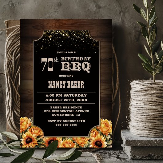 Invitation Bois rustique Floral 70e anniversaire BBQ