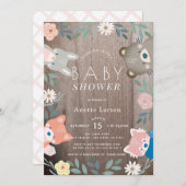 Invitation Bois Rustique Floral Animaux Baby shower rose (Devant / Derrière)