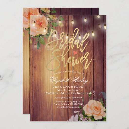 Invitation Bois rustique Floral Chaîne Lumières Fête des mari (Devant / Derrière)