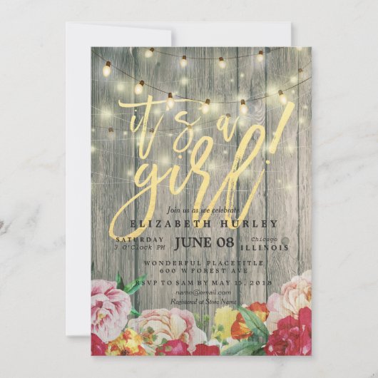 Invitation Bois rustique Floral Chic String Baby shower (Devant)