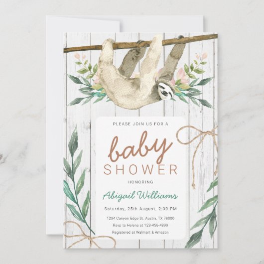 Invitation Bois rustique Floral Jungle Sloth Baby shower (Devant)