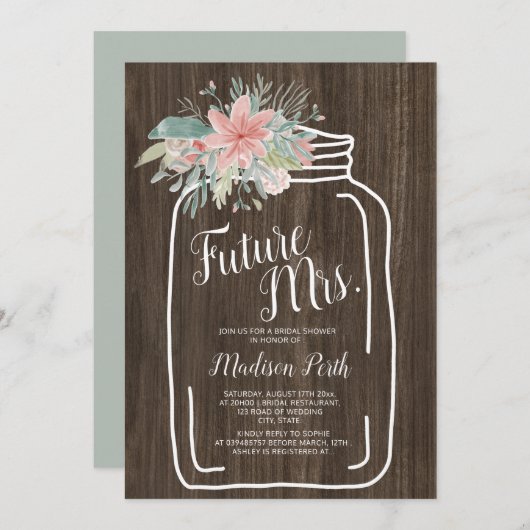 Invitation Bois rustique floral mason script pot douche nupti (Devant / Derrière)