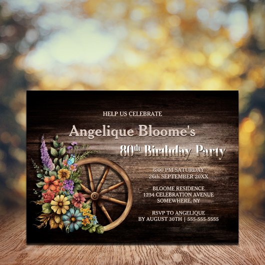 Invitation Bois rustique Floral Ouest 80e anniversaire
