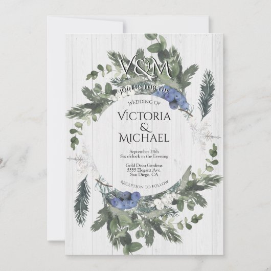 Invitation Bois rustique Floral & Pine Mariage d'hiver (Devant)