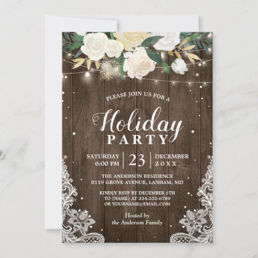 Invitation Bois Rustique Floral String Lights Fête de vacance (Devant)