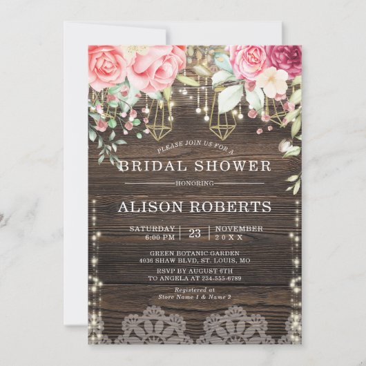 Invitation Bois rustique Floral String lumières Fête des mari (Devant)