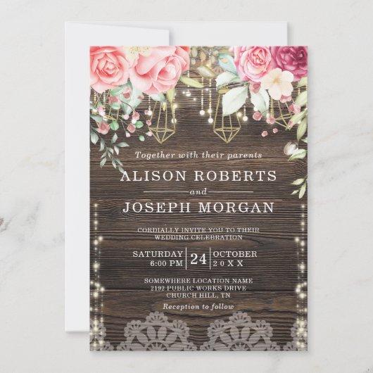 Invitation Bois rustique Floral String lumières Mariage (Devant)