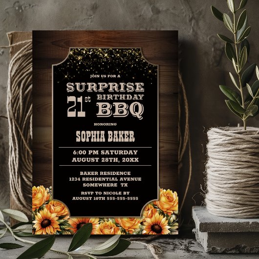 Invitation Bois rustique Floral Surprise 21e anniversaire BBQ