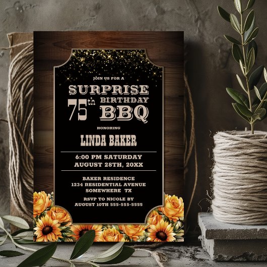 Invitation Bois rustique Floral Surprise 75e anniversaire BBQ