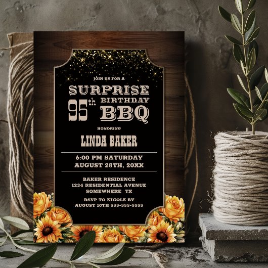 Invitation Bois rustique Floral Surprise 95e anniversaire BBQ